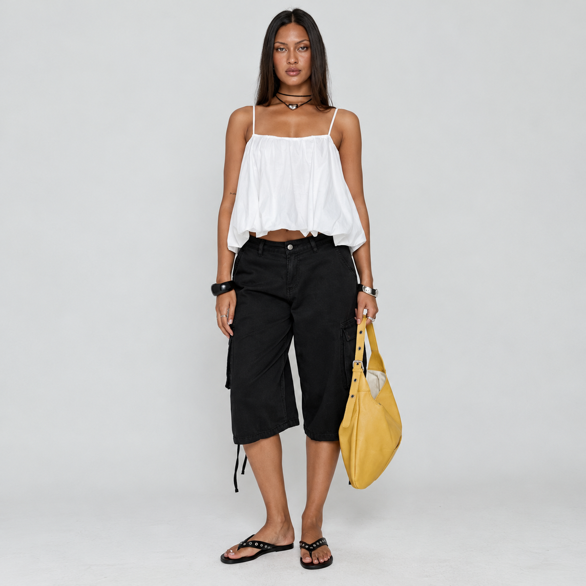 Women’s Black Longline Cargo Shorts – Baggy Fit Cotton Bermuda Shorts - UltraChic