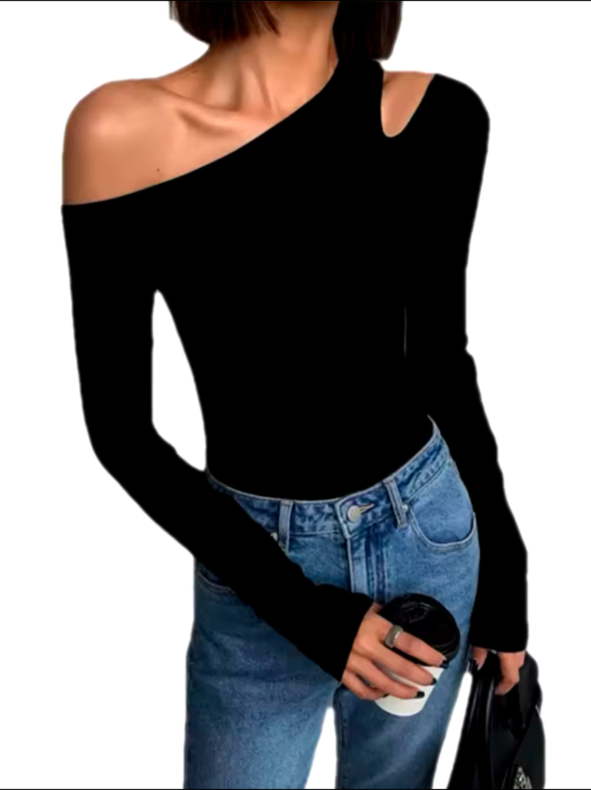 Women’s Long-Sleeve Skew Collar Off-Shoulder Crop Top – Sexy Slim Fit Hollow Out Tee for Spring 2025