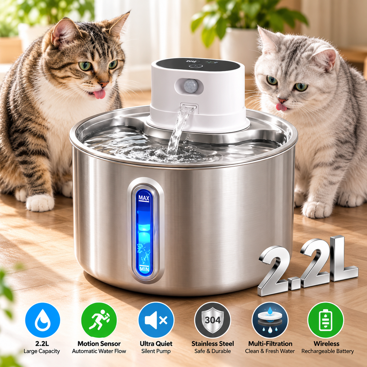 2.2L Cordless Cat Water Fountain with Motion Sensor – Automatic Pet Water Dispenser