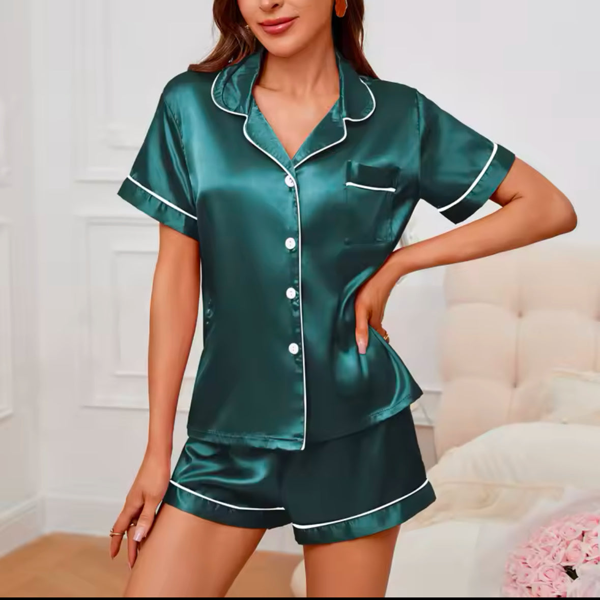 Luxury Satin Women’s Pajama Set – Short Sleeve Turn-down Collar Button Top & Shorts Sleepwear for Ultimate Summer Comfort - UltraChic
