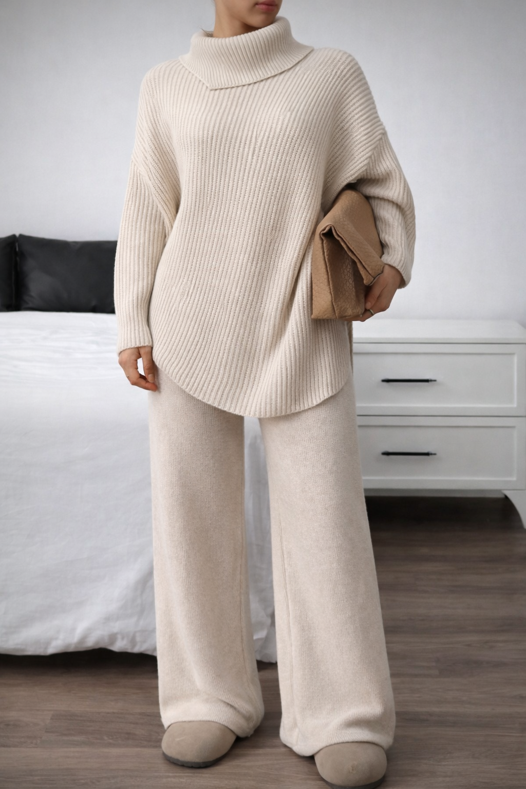 Women’s Turtleneck Oversized Knit Two-Piece Set – Batwing Sweater & Wide Leg Pants Winter Outfit