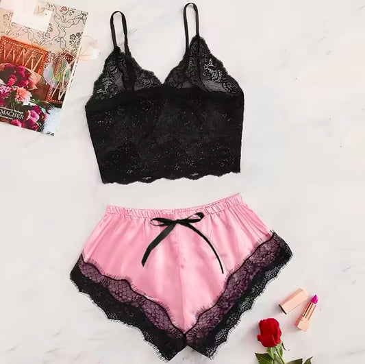 2025 Summer Lace Pajama Set for Women – Sexy See-Through Cami Top & Shorts, Breathable and Comfortable in Black or Pink
