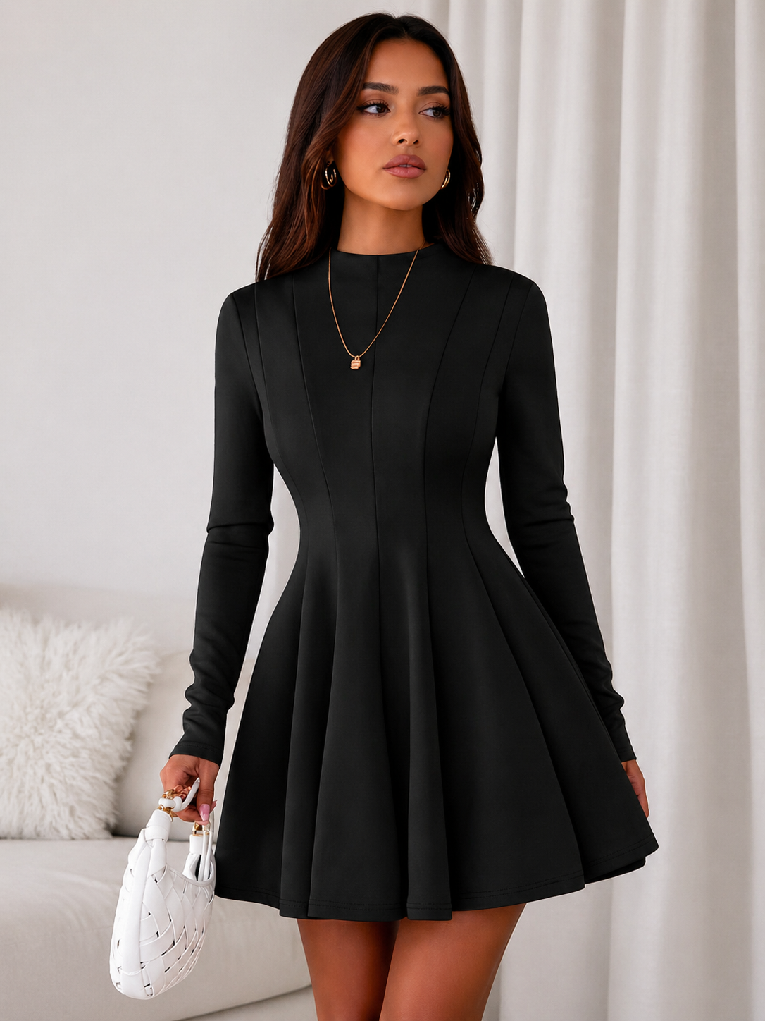A-Line Mini Dress Sculpted Waist Effortless Elegant Look Fall Women
