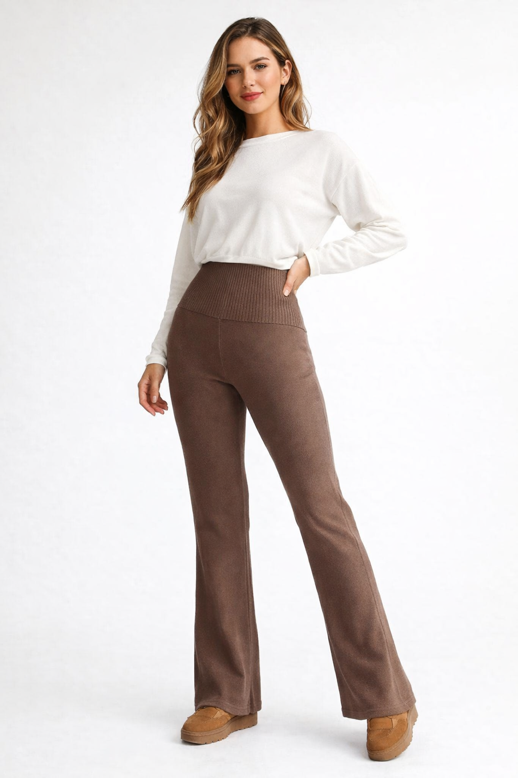 Apricot High Waist Flared Knit Pants – Minimalist Fall Winter Women Trousers - UltraChic