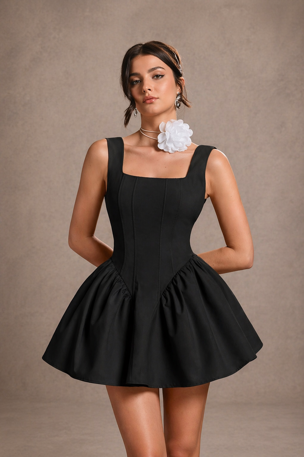 Backless Bow Flare Mini Dress Shapes Waist Elegant Look Autumn Winter Women