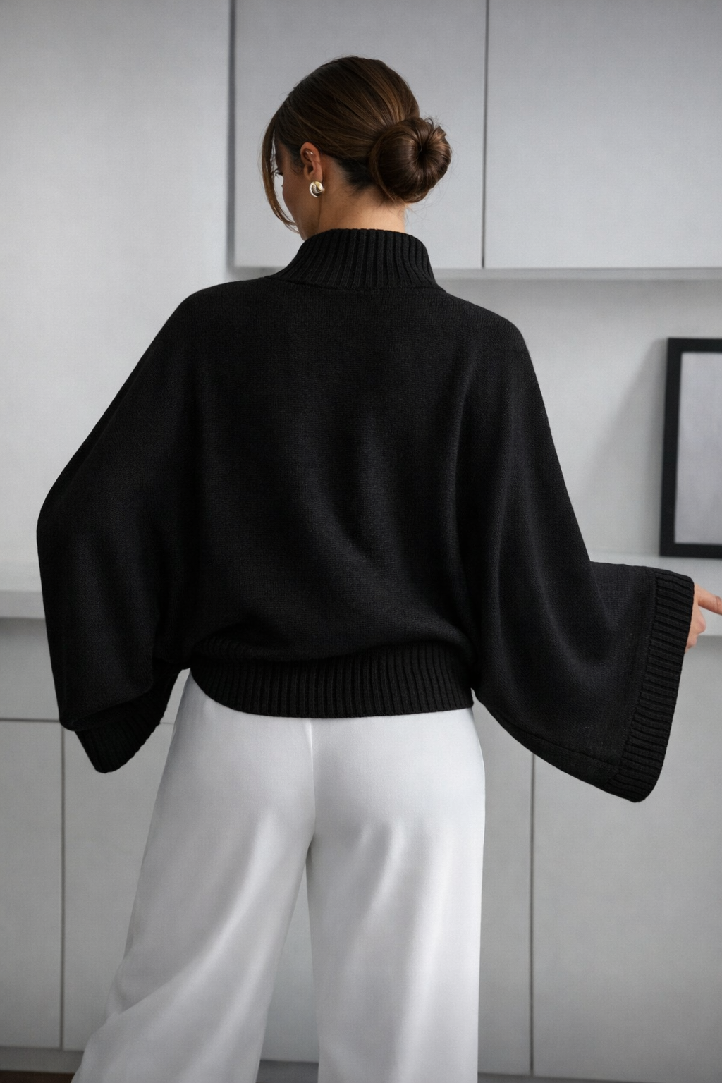 Women’s Oversized Batwing Sleeve Knit Sweater – Minimalist Mock Neck Winter Jumper - UltraChic