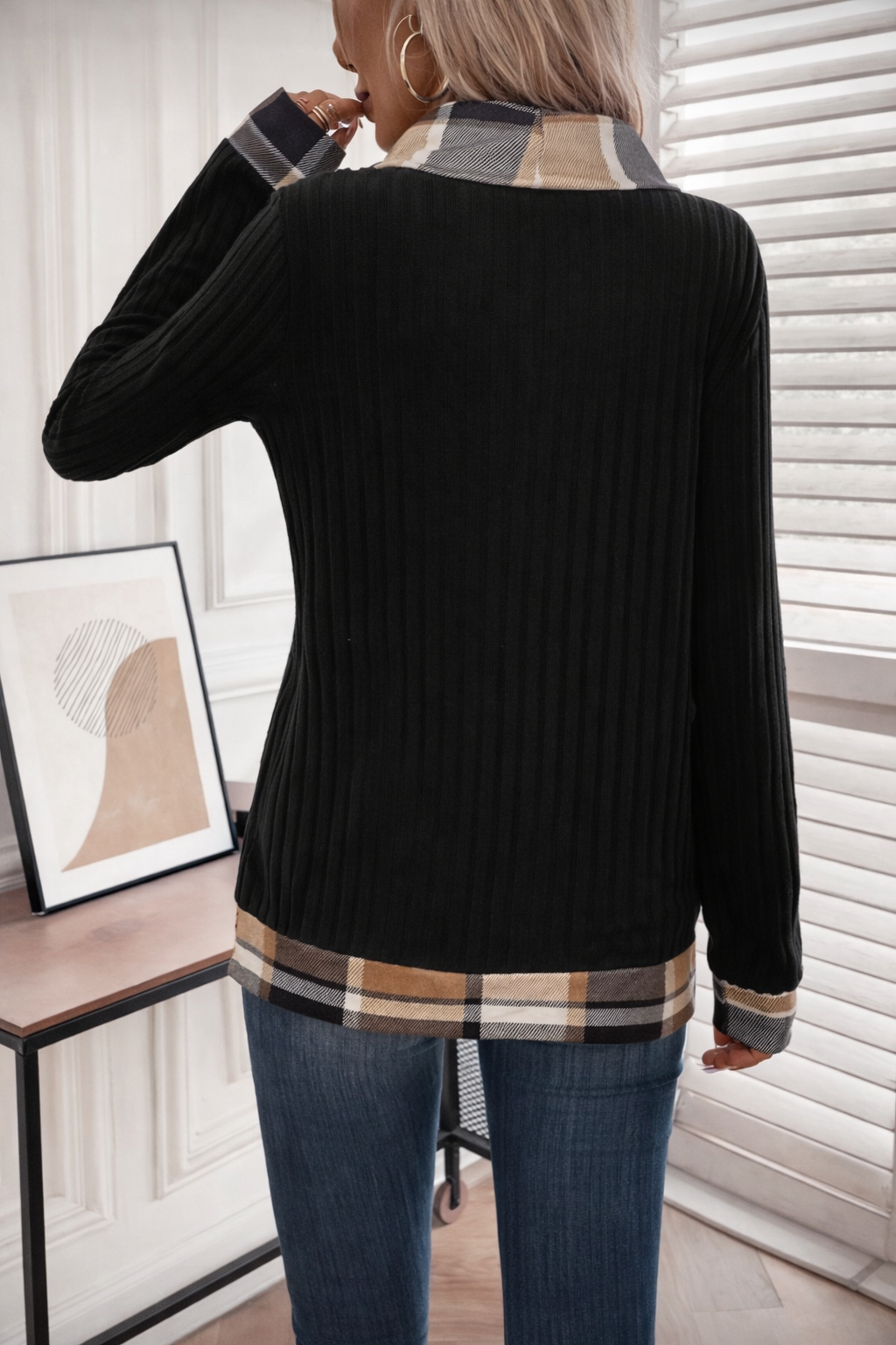 Women’s Plaid Trim Cowl Neck Sweatshirt – Cozy Fall Casual Top - UltraChic