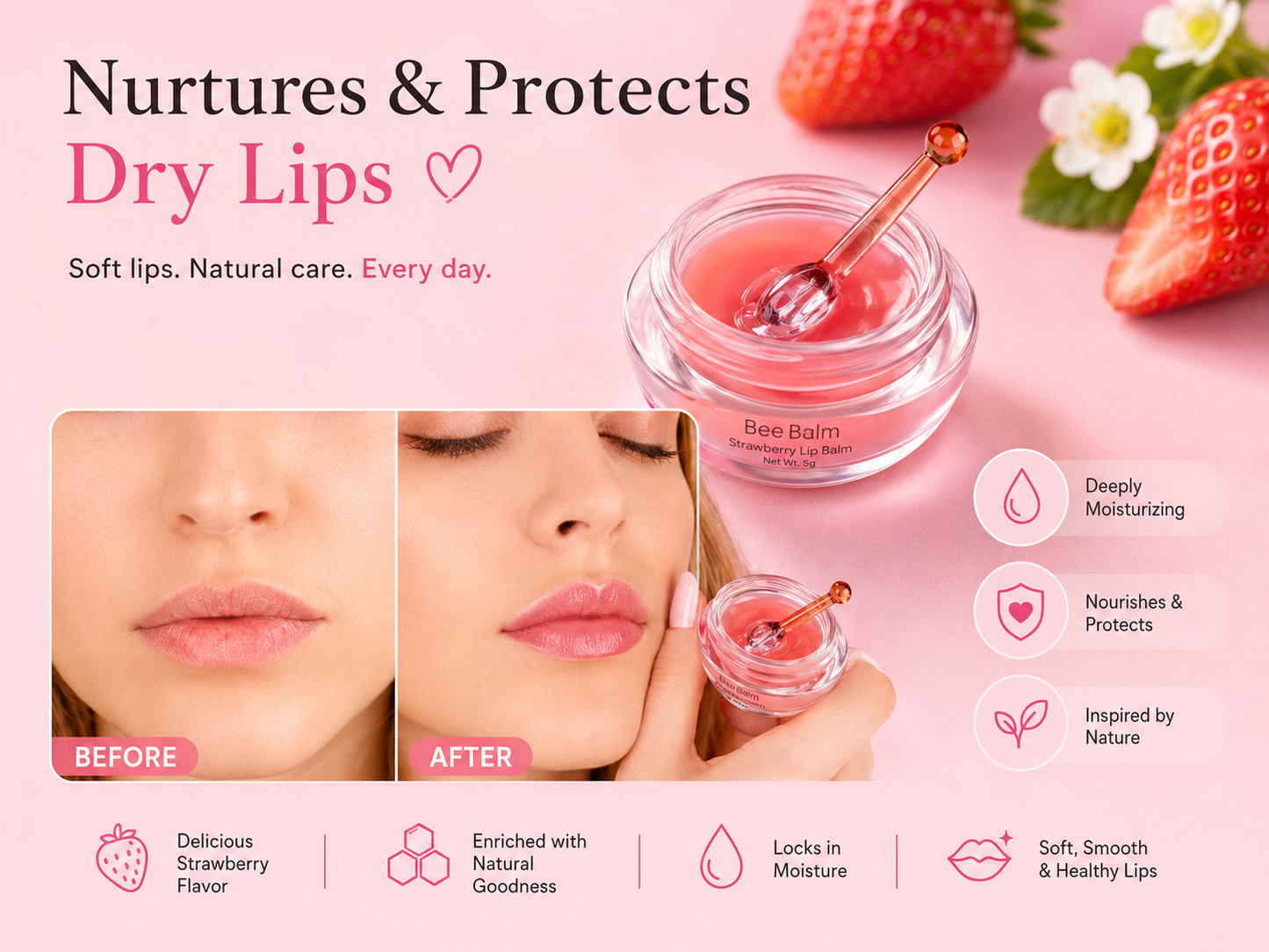 Bee Balm Strawberry Lip Balm – Deep Hydration & Nourishing Lip Care for Soft Glossy Lips