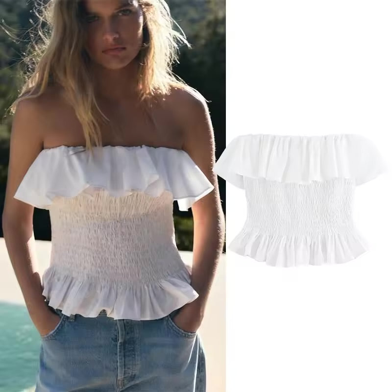 Elenzga Bohemian Ruffled Strapless Crop Top – Women’s Summer Vacation Tube Blouse
