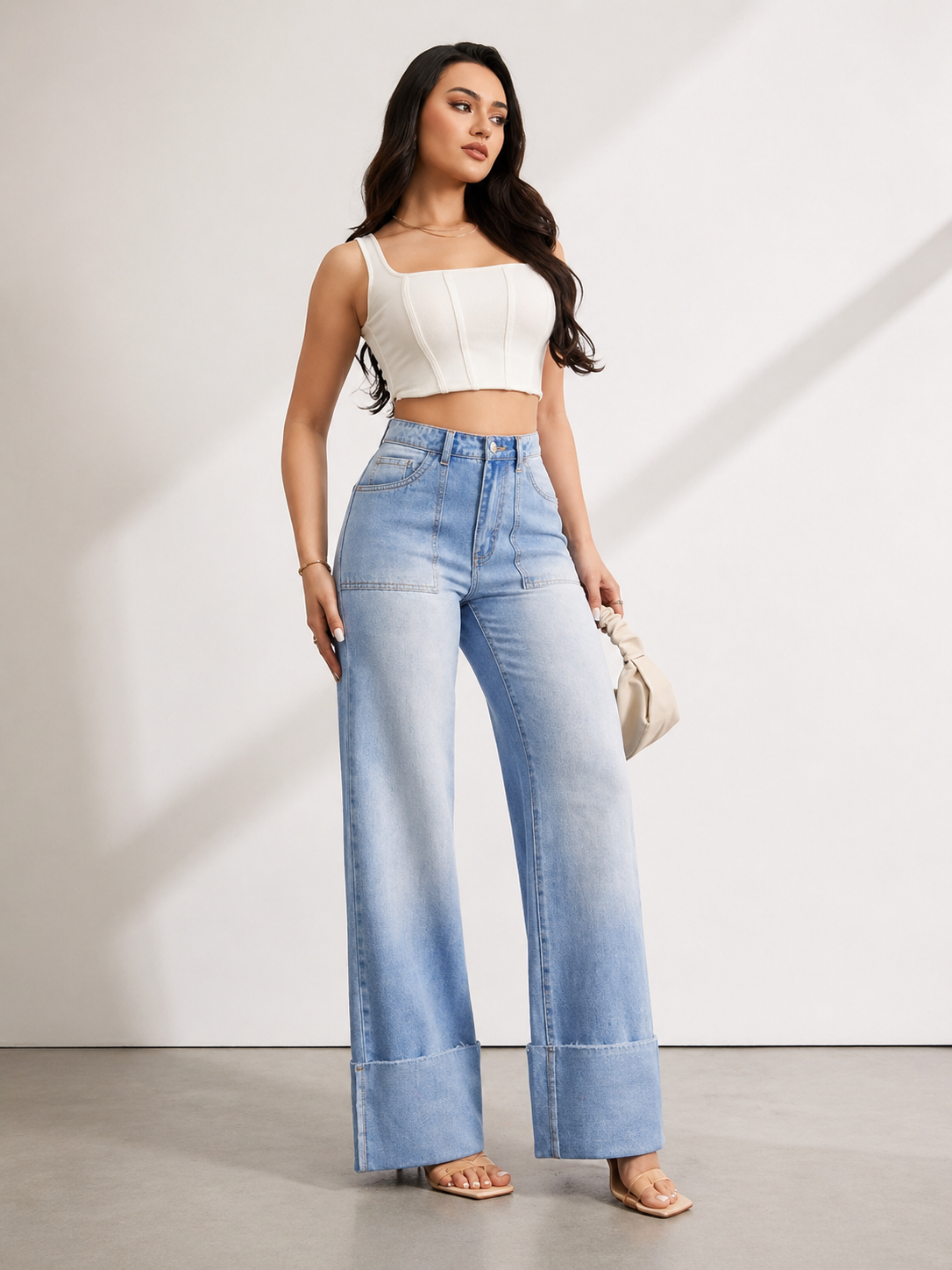 Wide Leg Denim Jeans High Waist Cuffed Hem Tall Fit Effortless Chic Summer Women