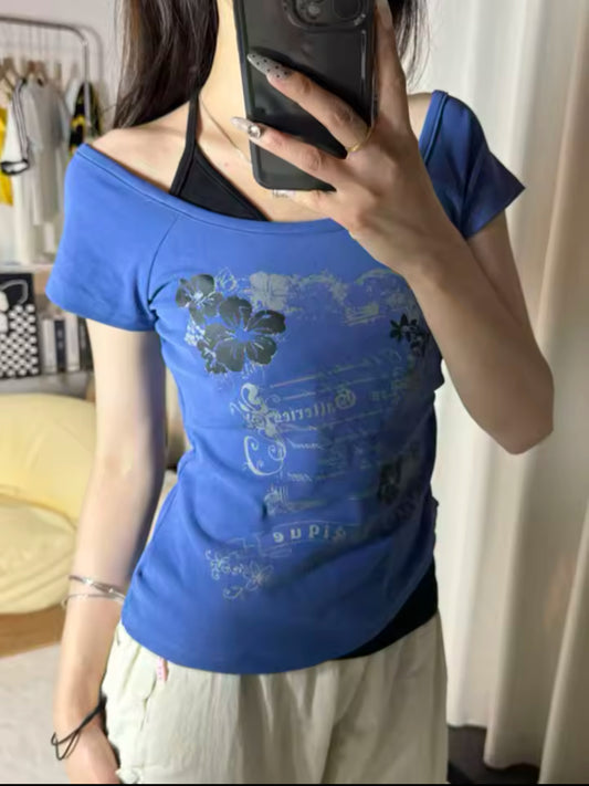 Vintage Y2K Lace-Up Halter Top – Off Shoulder Slim Fit T-Shirt for Women with Trendy Print Design