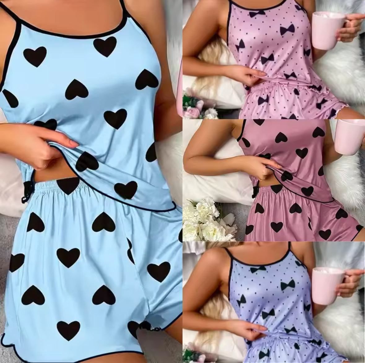 Women’s Summer Pajama Set – Ice Silk T-Shirt & Shorts with Pink Heart Print | Soft, Breathable & Stylish Sleepwear