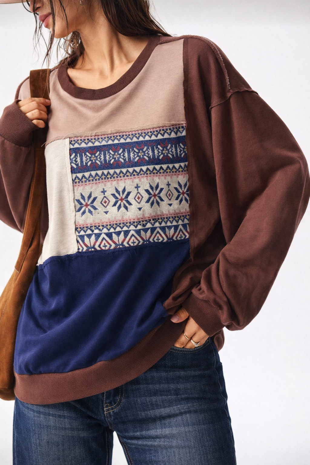 Women’s Patchwork Knit Sweatshirt – Cozy Autumn Winter Casual Top - UltraChic