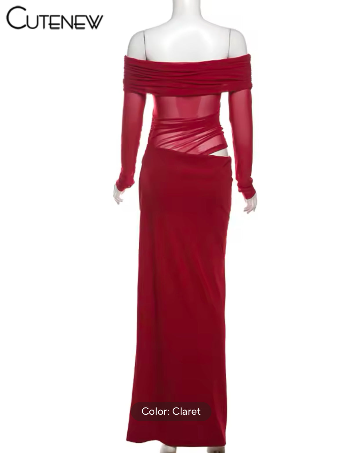 Sexy Mesh Ruched Maxi Dress for Women – Off Shoulder Sheer Long Sleeve Bodycon Gown for Midnight Parties