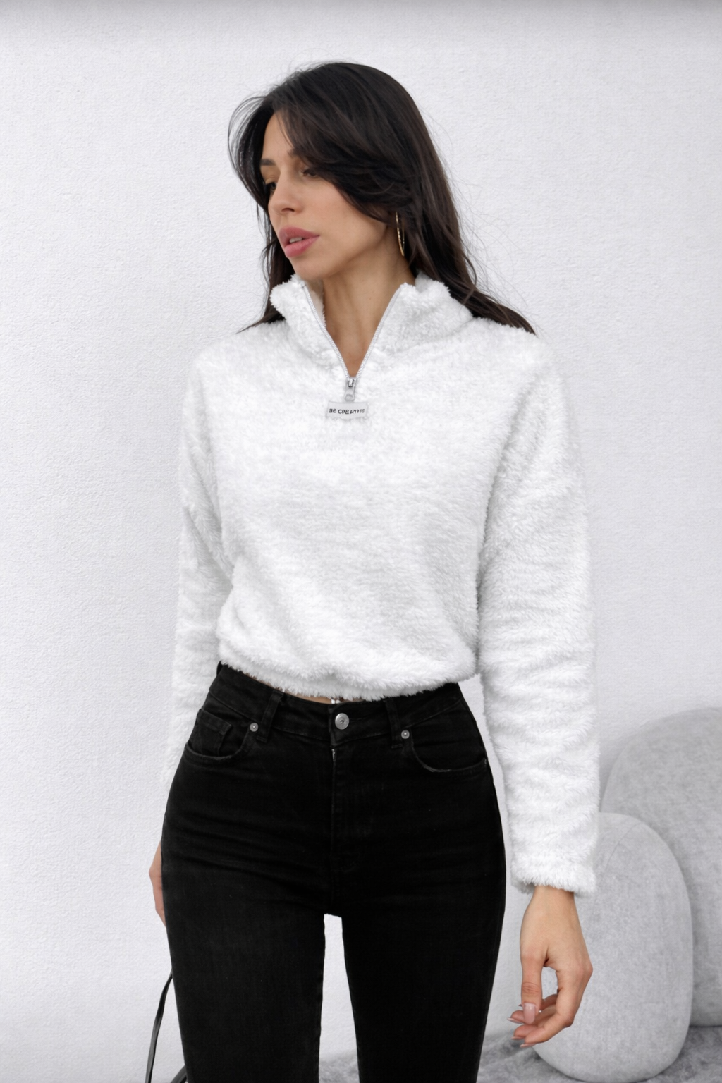 Women’s Half-Zip Teddy Sweatshirt – Cozy Letter Embroidery Winter Essential