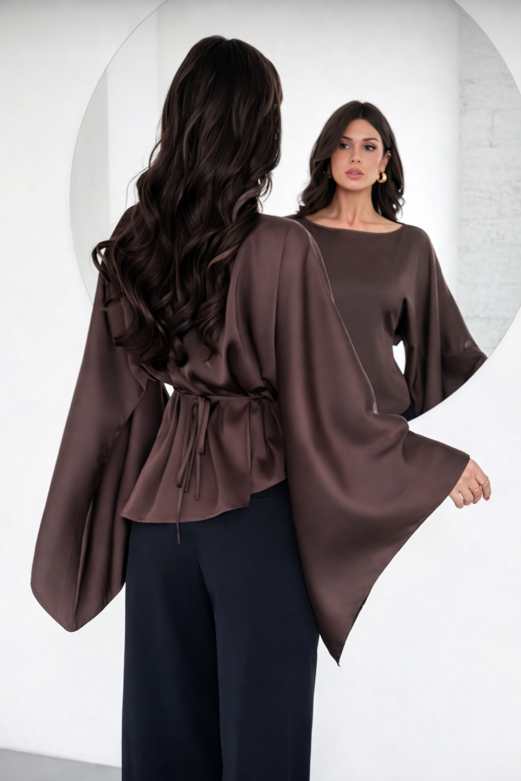 Women’s Tie-Waist Batwing Blouse – Elegant Irregular Hem Autumn Winter Office Top - UltraChic