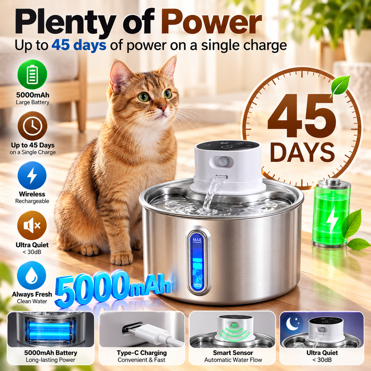 2.2L Cordless Cat Water Fountain with Motion Sensor – Automatic Pet Water Dispenser