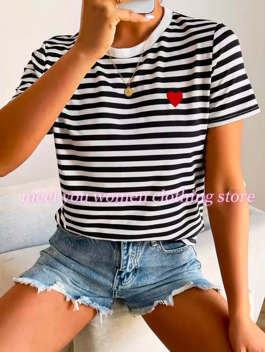 SHEIN EZwear Summer Outfits Heart Embroidery Striped Tee