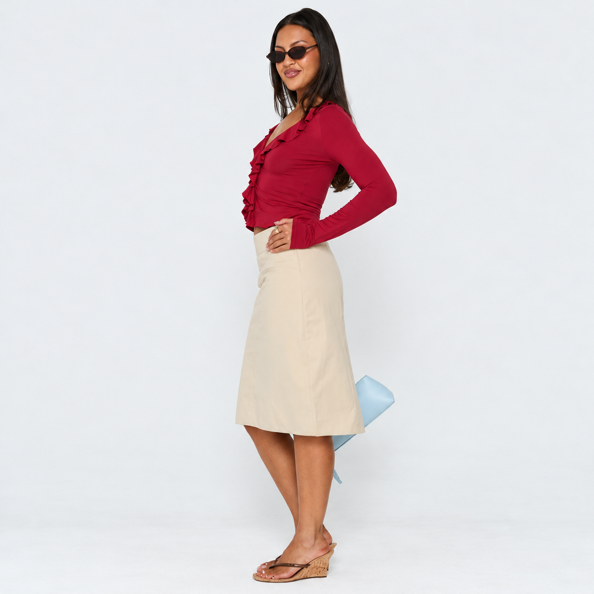 Women’s Beige Pencil Midi Skirt – High Waist Cotton Skirt - UltraChic