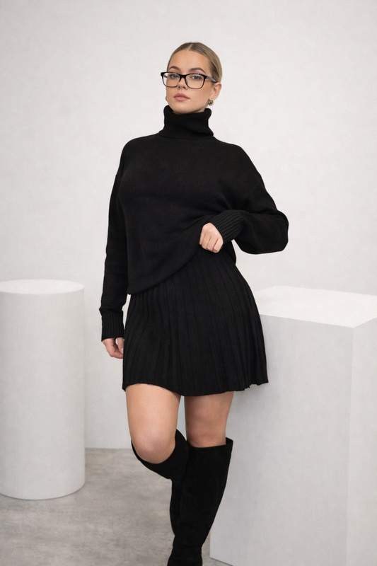 Women’s High Neck Knit Sweater & Mini Skirt Set – Winter Chic Outfit
