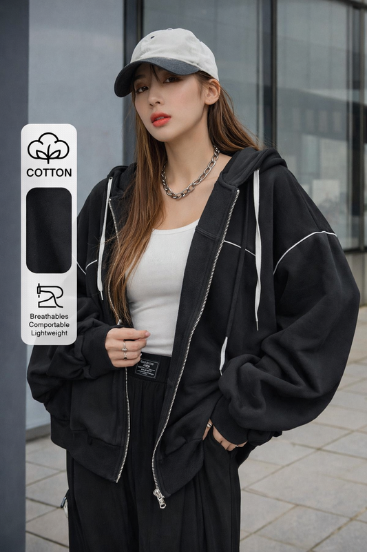 Women’s Thermal Zip-Up Hoodie – Contrast Piping Drop Shoulder Autumn Winter Casual Sweatshirt Jacket - UltraChic