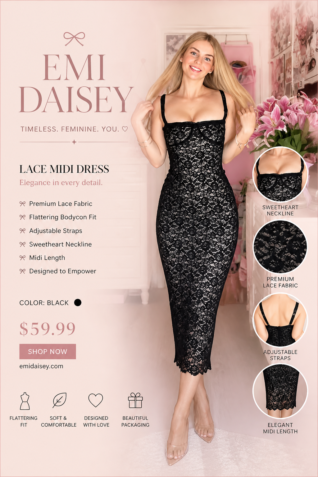 Lace Midi Dress Flattering Bodycon Fit Elegant Silhouette Summer Party Women - UltraChic