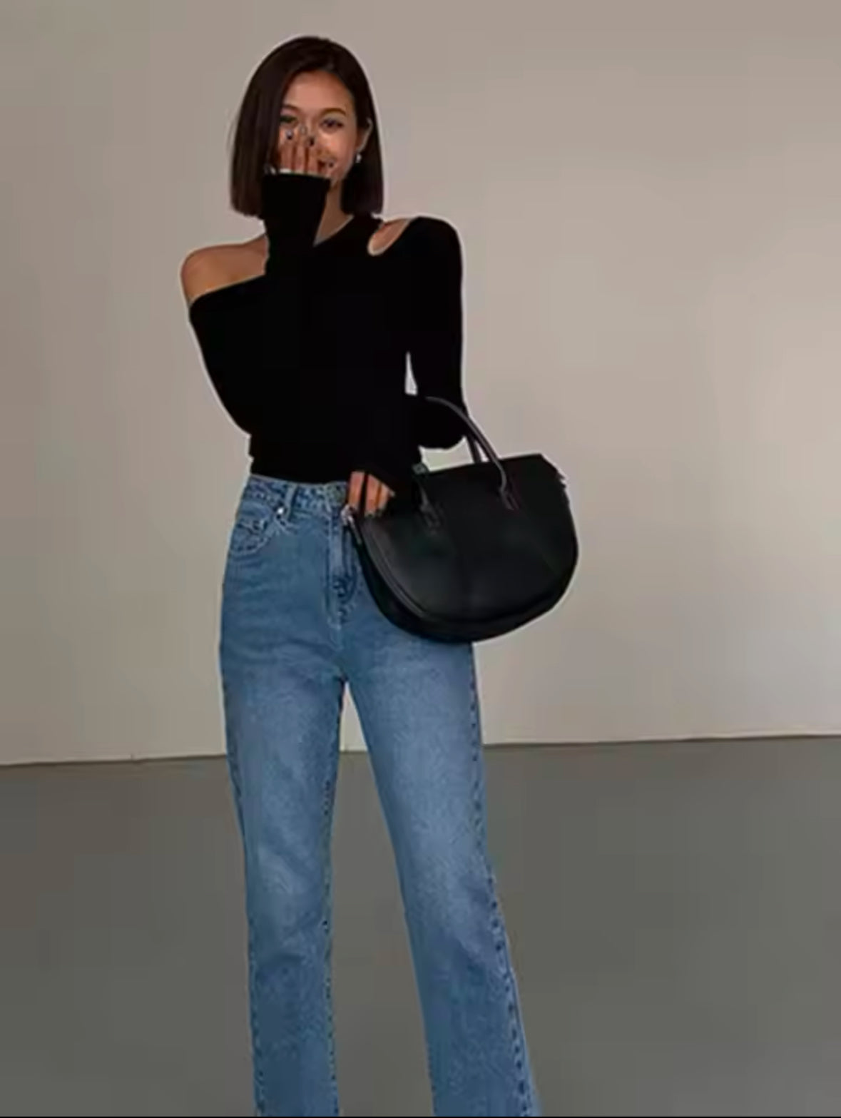 Women’s Long-Sleeve Skew Collar Off-Shoulder Crop Top – Sexy Slim Fit Hollow Out Tee for Spring 2025