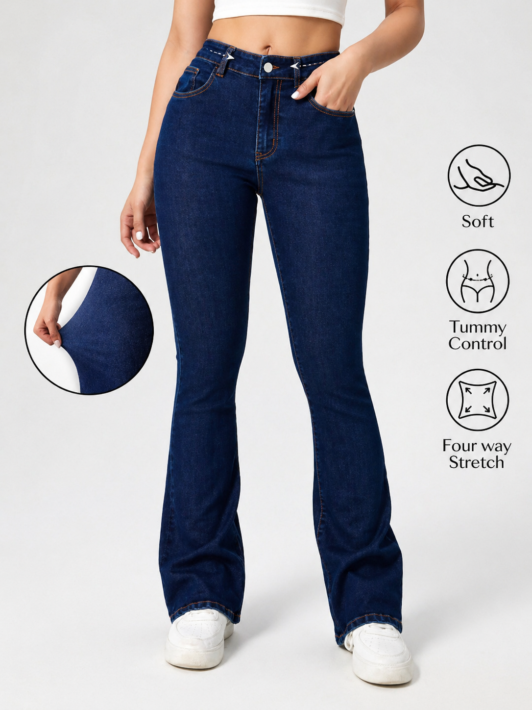 Flare Denim Jeans High Waist Curve Enhancing Slim Fit Legs Elongating Elegant Look All Season Women