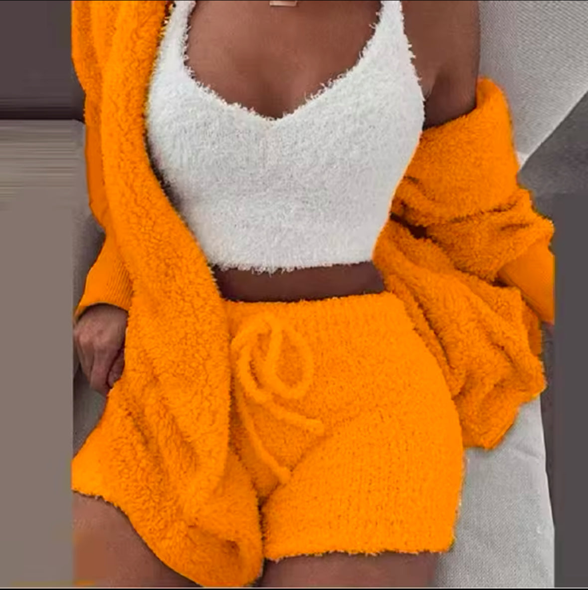 Fluffy 3-Piece Pajama Set for Women – Casual Sleepwear, Tank Top, Shorts, and Cozy Hoodie for Winter, Plus Size Leisure Homsuit