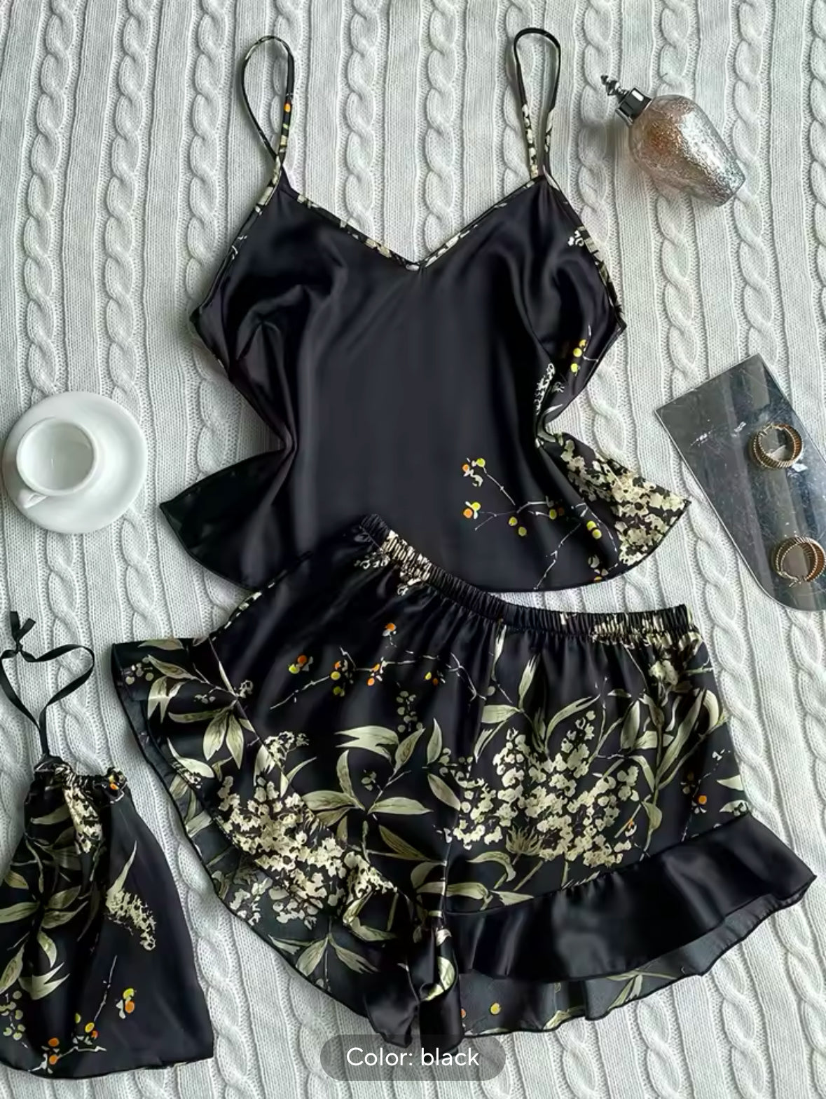 Elegant Floral Cami Pajama Set for Women – Ruffle Hem Shorts & Stylish Sleepwear for Comfortable Loungewear