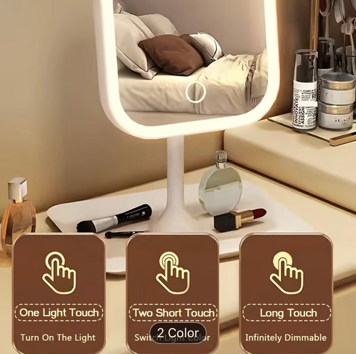 LED Makeup Mirror, Rechargeable Desktop Vanity Mirror with Lights, 3 Light Modes, Touch Control, Adjustable Brightness, Portable Lighted Beauty Mirror, Travel Vanity Cosmetic Mirror with Lights - UltraChic