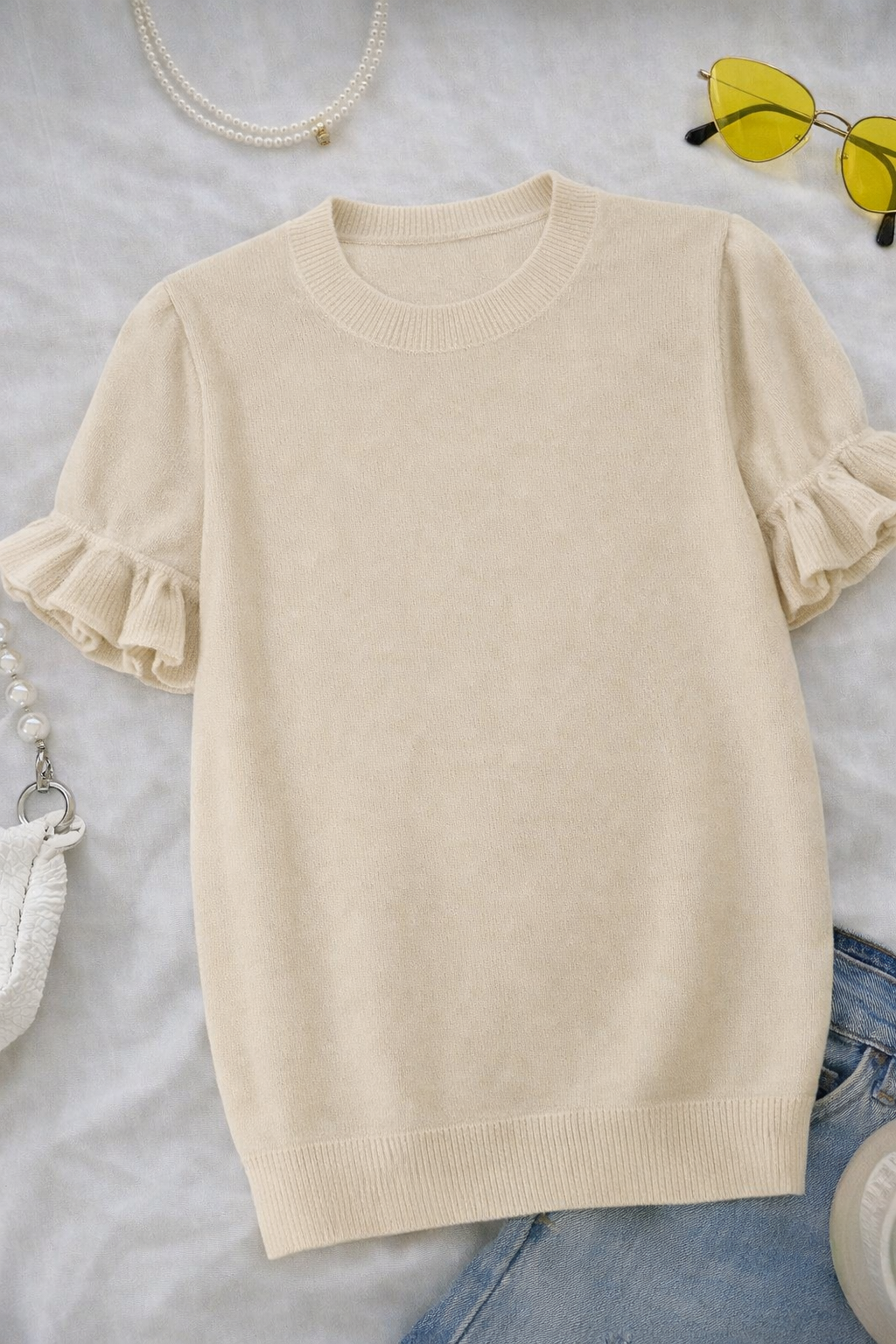 Women’s Wool Blend Ruffle Hem T-Shirt – Casual Spring/Autumn Loose Fit Top