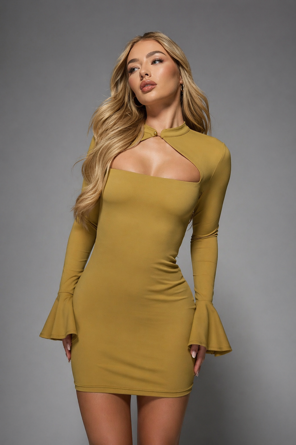 Mini Bodycon Dress with Cut-Out & Bell Sleeves – Sculpted Elegant Silhouette – Fall/Winter – Women - UltraChic