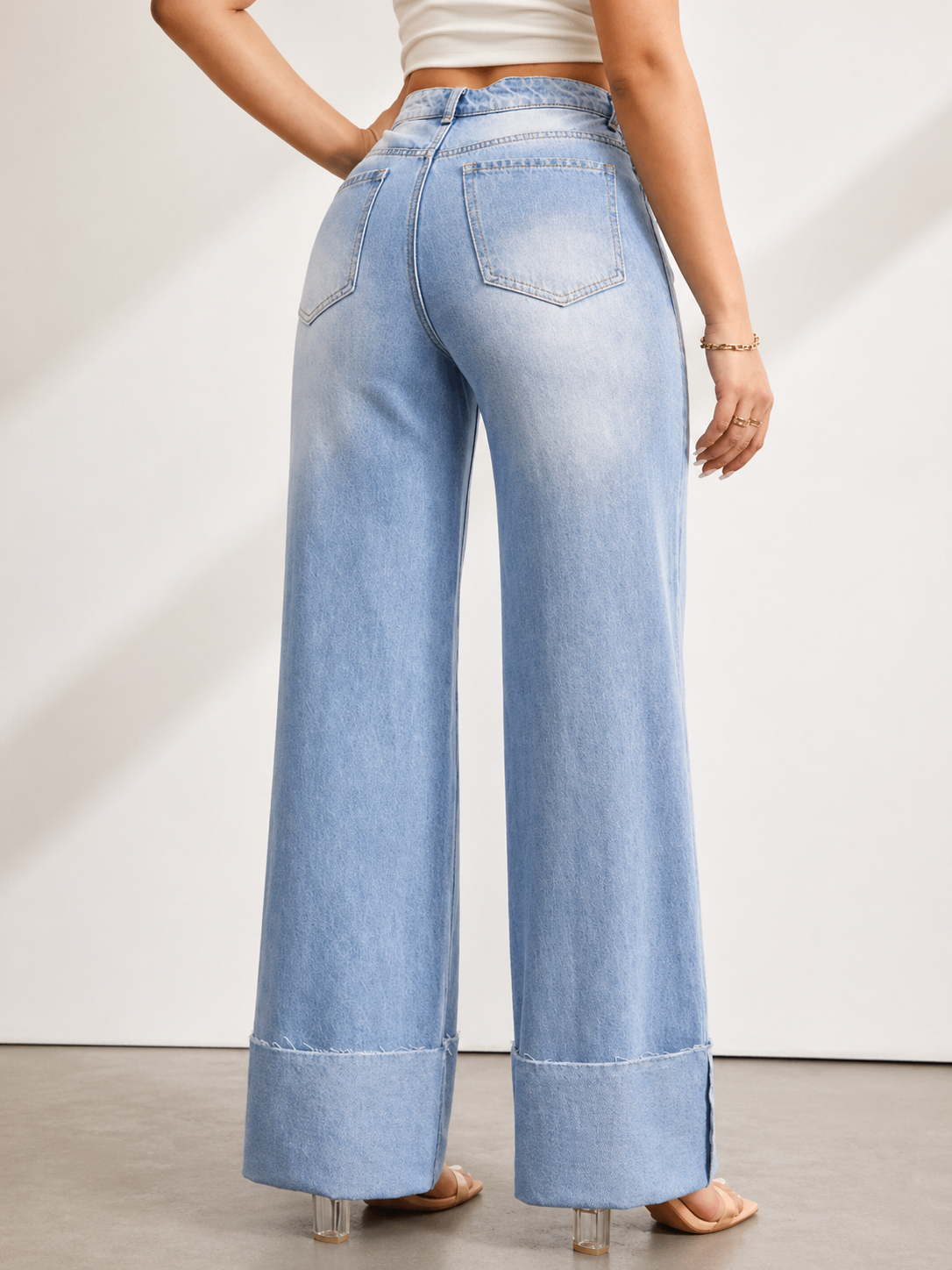 Wide Leg Denim Jeans High Waist Cuffed Hem Tall Fit Effortless Chic Summer Women