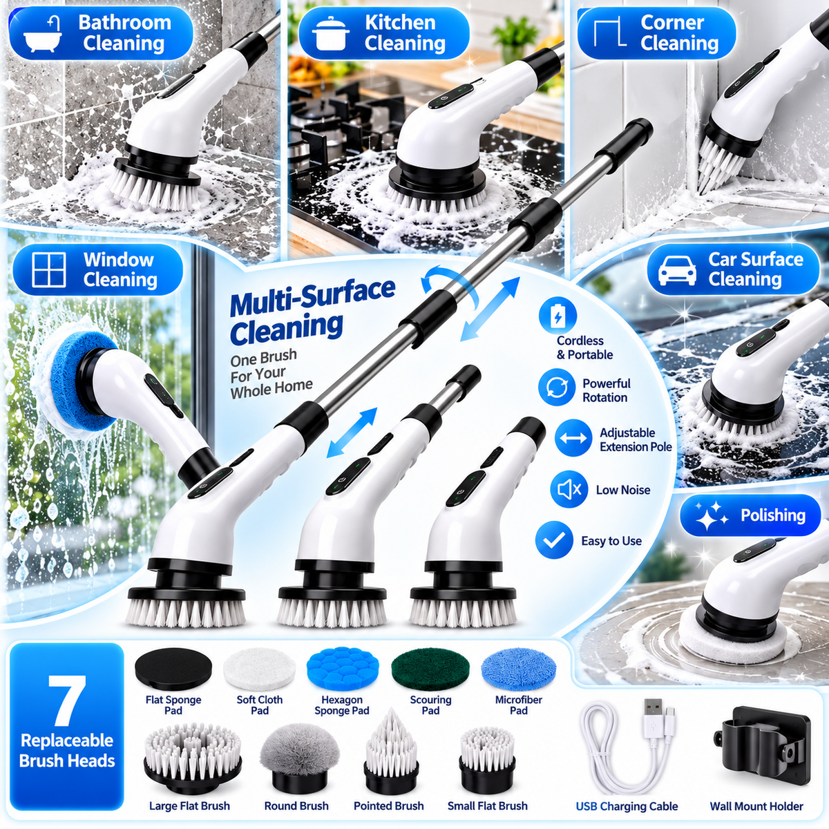 7-in-1 Electric Spin Scrubber – Cordless Cleaning Brush