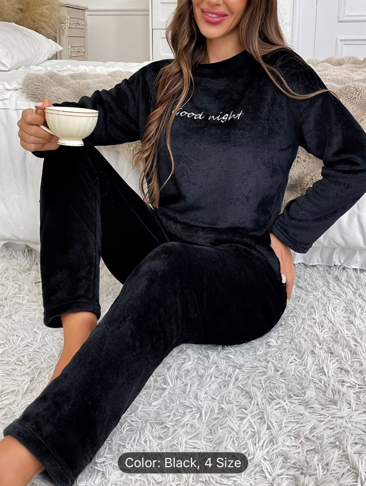 Women’s Autumn/Winter Flannel Coral Fleece Long Sleeve Pajama Set – Comfortable Warm Loungewear with Letter Embroidery, Casual Home Sleepwear Black - UltraChic