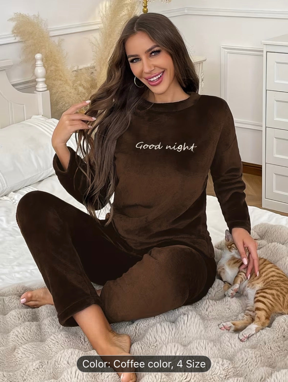 Women’s Autumn/Winter Flannel Coral Fleece Long Sleeve Pajama Set – Comfortable Warm Loungewear with Letter Embroidery, Casual Home Sleepwear Black - UltraChic
