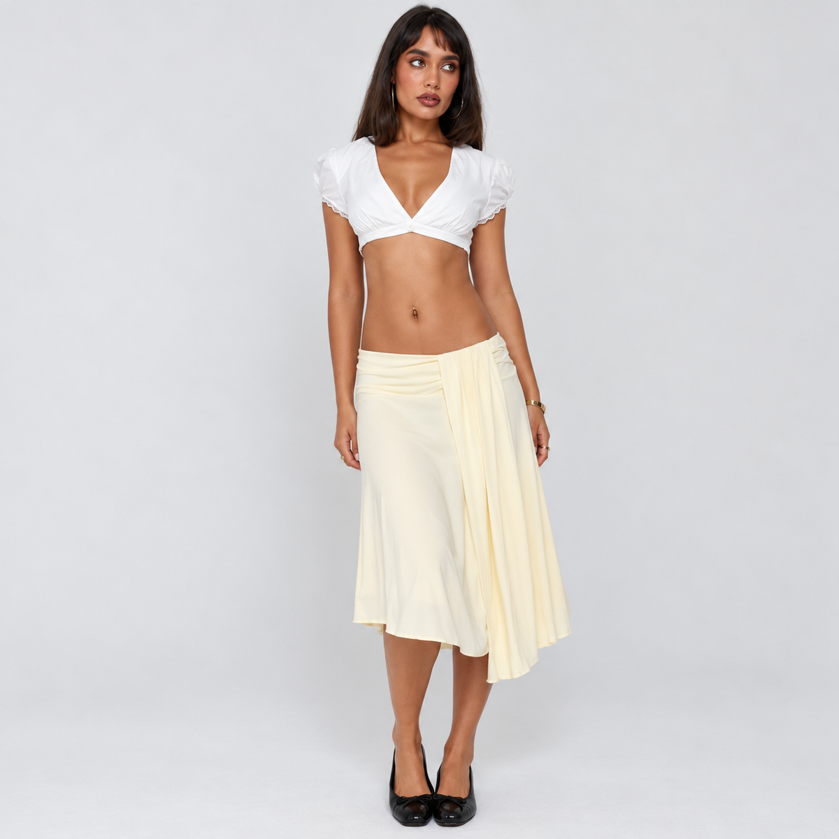 Delliah White Micro Crop Top – Puff Sleeve Lace Trim Blouse