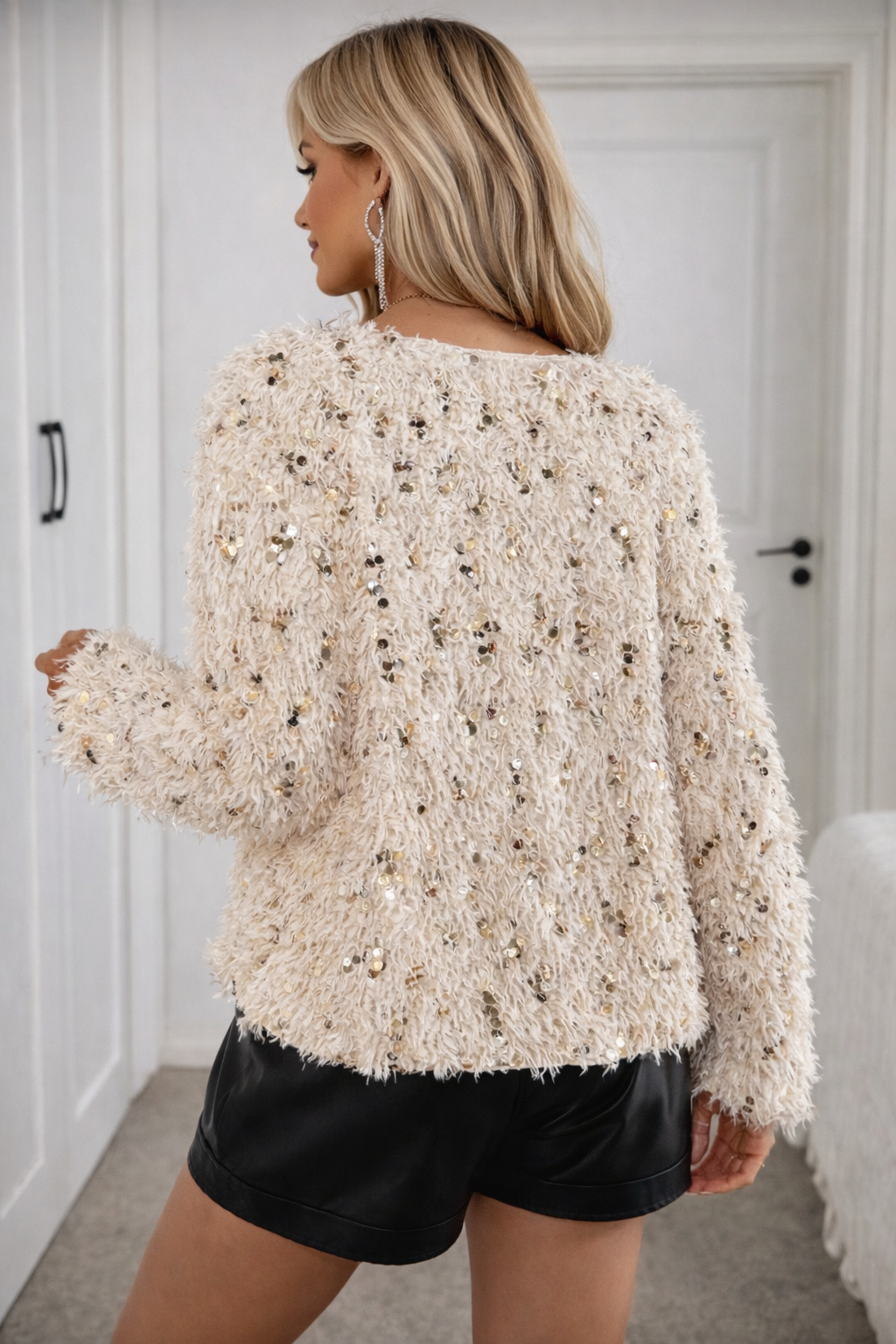 Women’s Sequin Fluffy Sweatshirt – Sparkly Autumn Winter Party Top