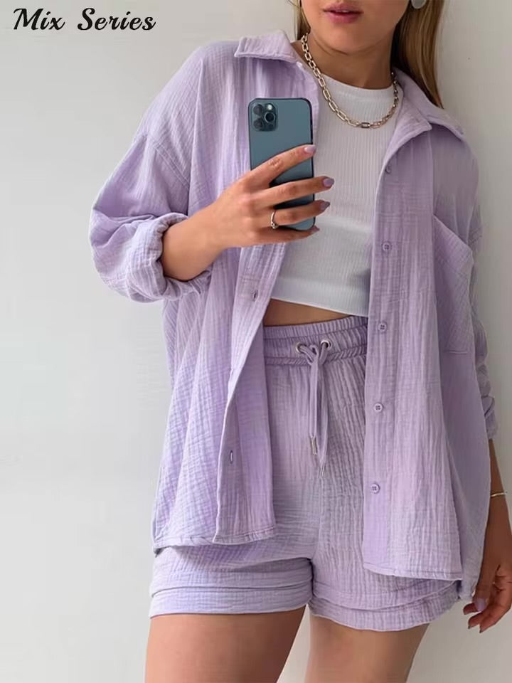 Effortless Elegance – Spring 2025 Pleated Blouse & Lace-Up Shorts Set for the Modern Muse