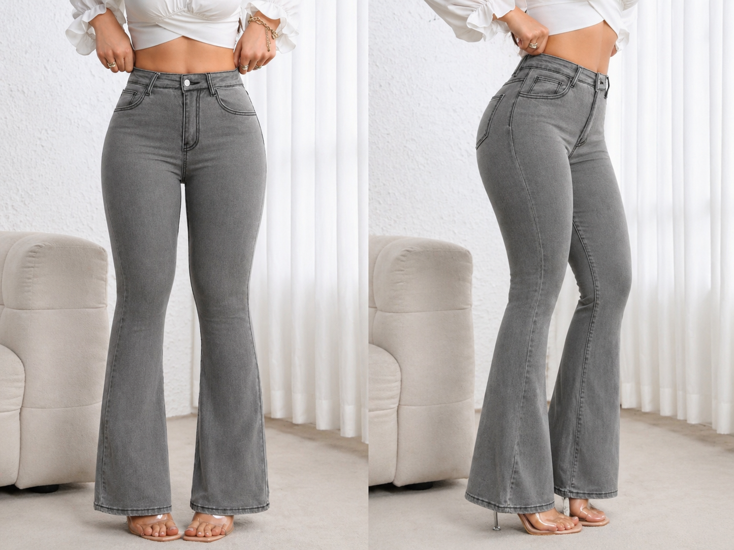 Flare Denim Jeans High Waist Curve Enhancing Slim Fit Legs Elongating Elegant Look All Season Women