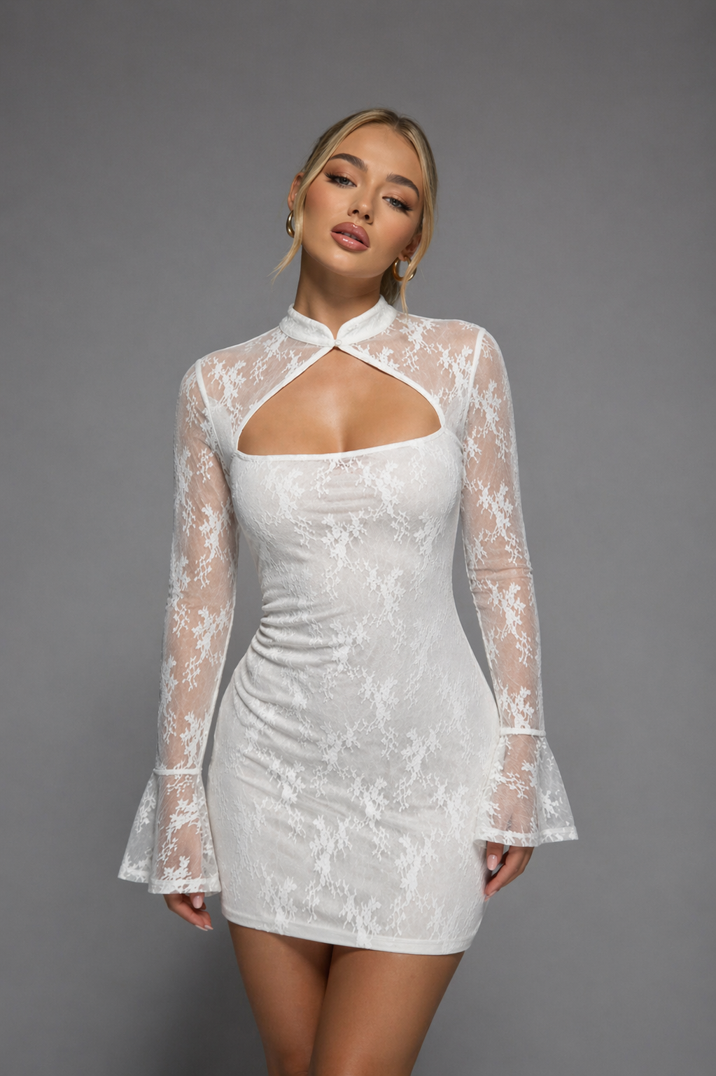 Mini Bodycon Dress with Cut-Out & Bell Sleeves – Sculpted Elegant Silhouette – Fall/Winter – Women - UltraChic