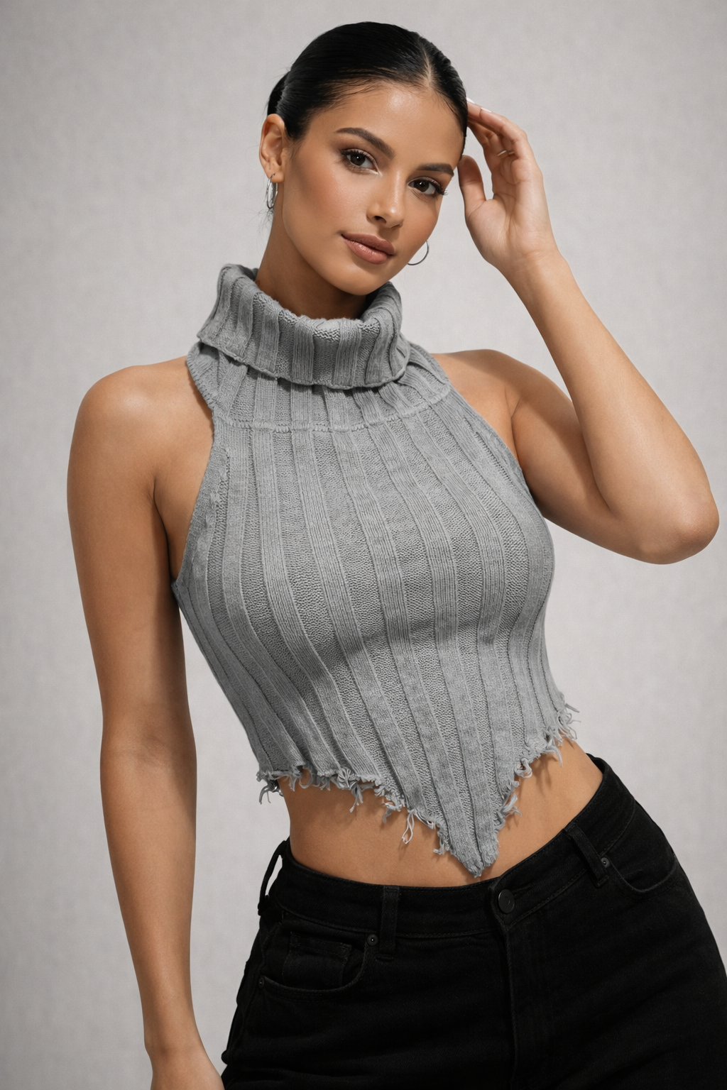 Women’s Y2K White Backless Knit Crop Top – Turtleneck Hanky Hem Party Top - UltraChic