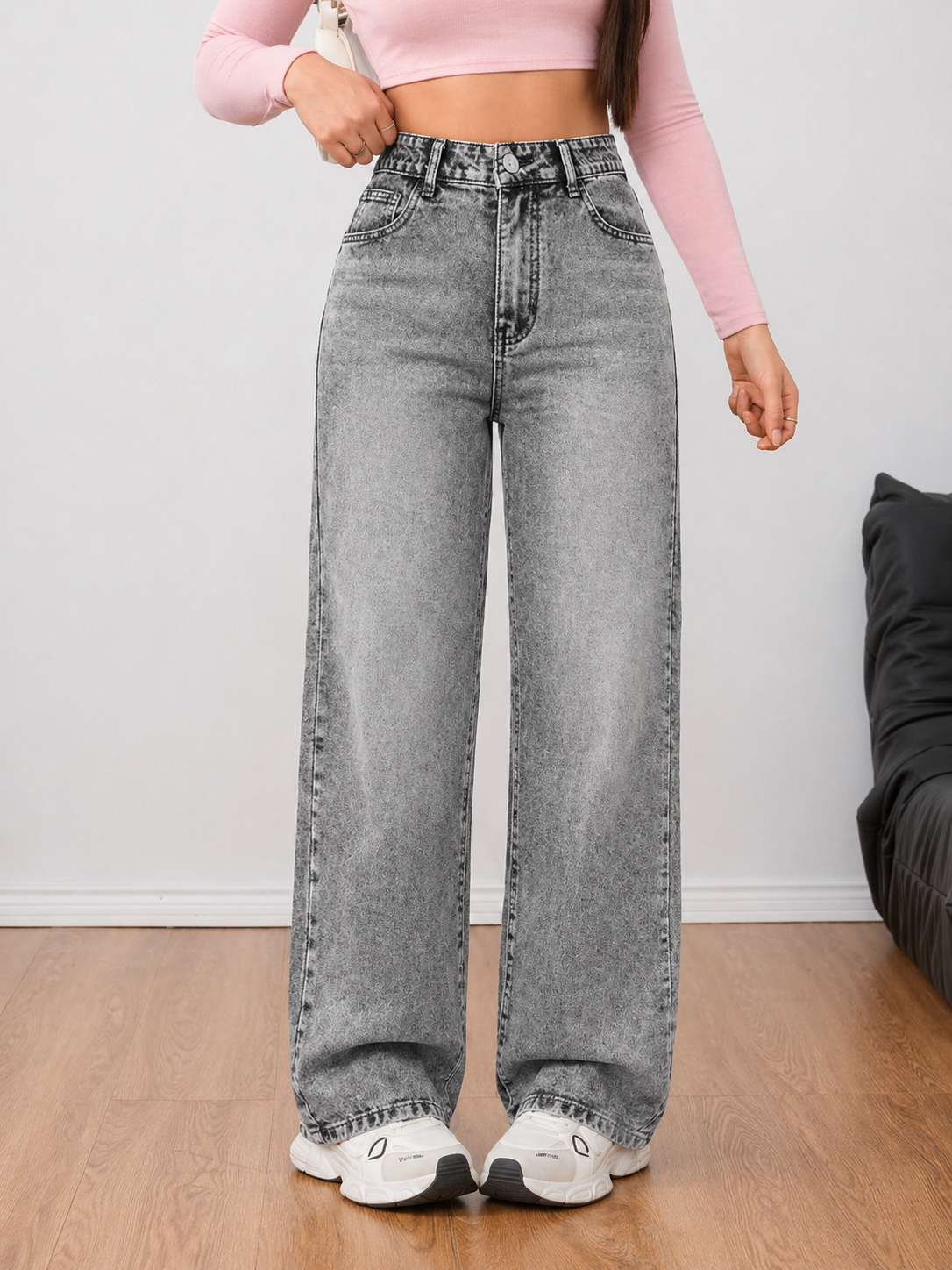 Wide Leg Denim Jeans Thick Cotton Fabric Flattering Silhouette All Season Women