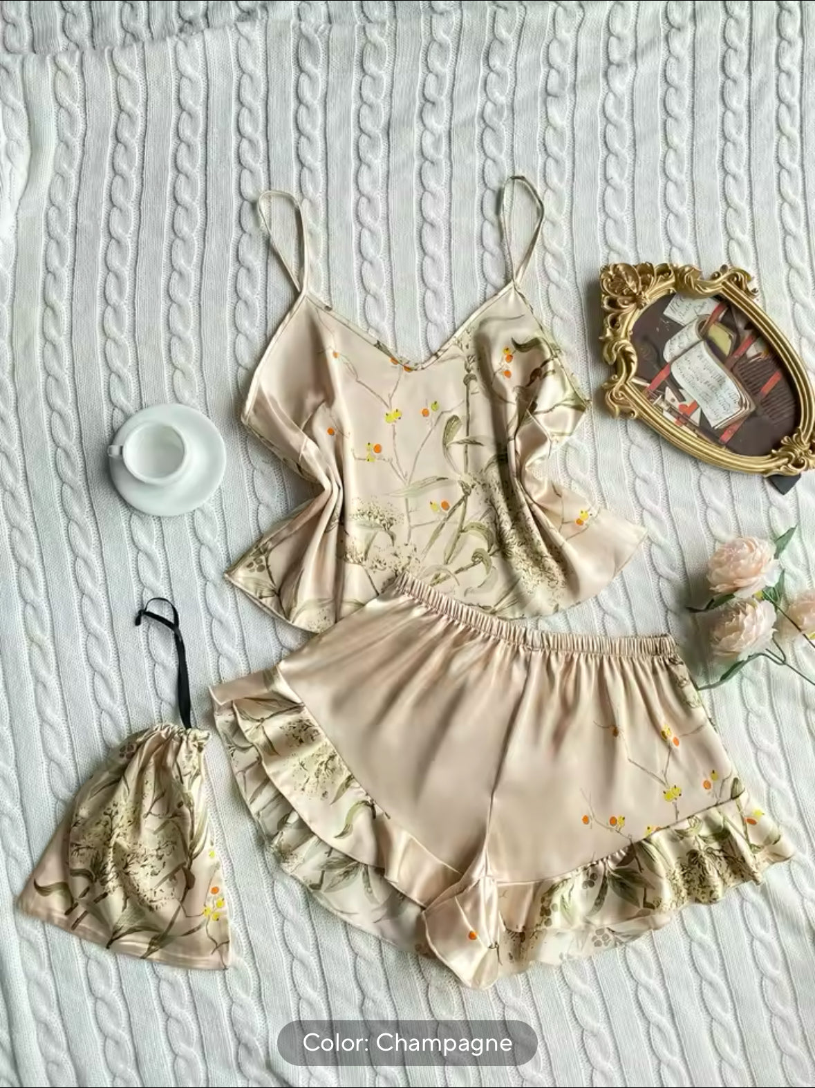 Elegant Floral Cami Pajama Set for Women – Ruffle Hem Shorts & Stylish Sleepwear for Comfortable Loungewear