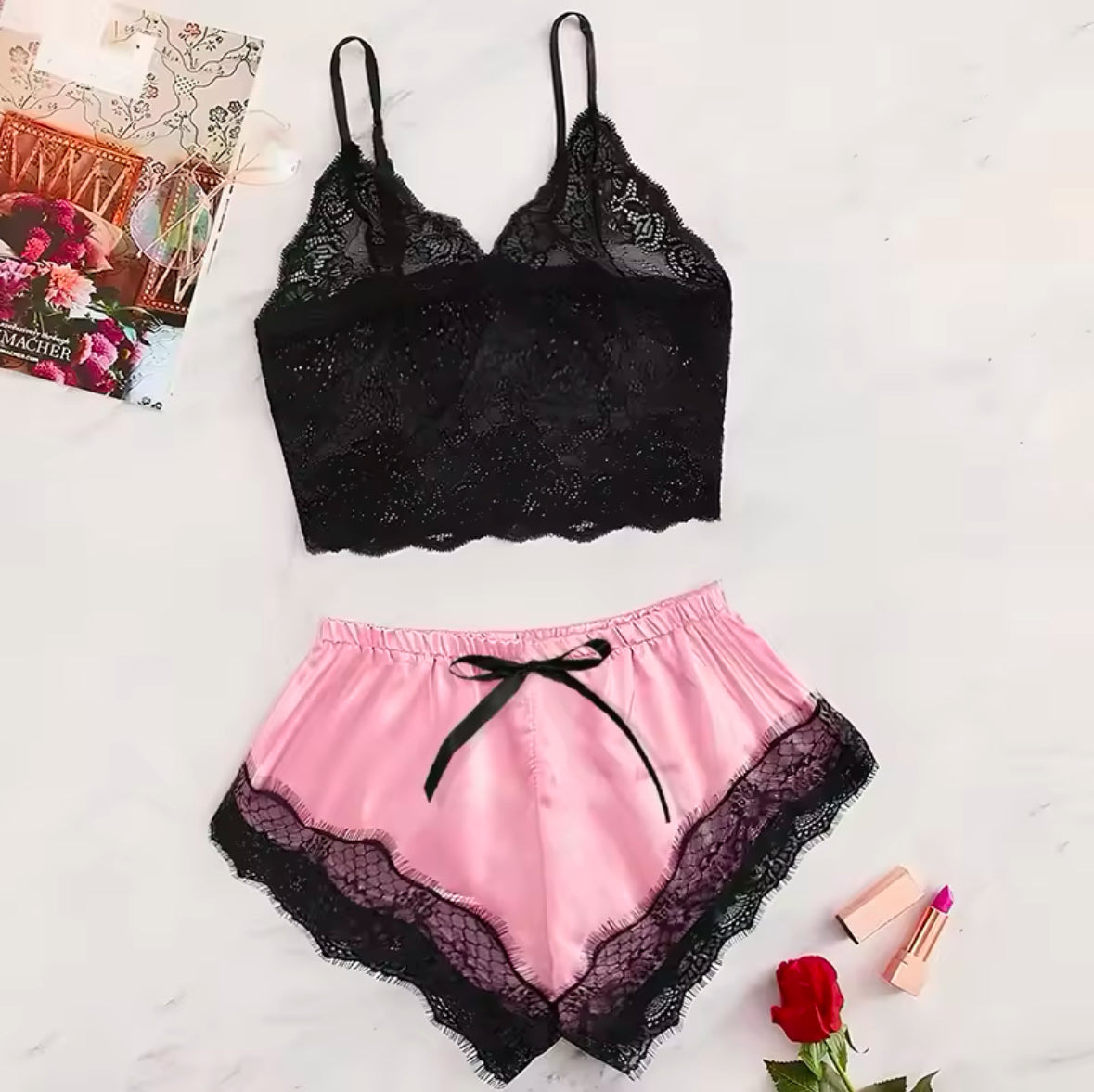 2025 Summer Lace Pajama Set for Women – Sexy See-Through Cami Top & Shorts, Breathable and Comfortable in Black or Pink