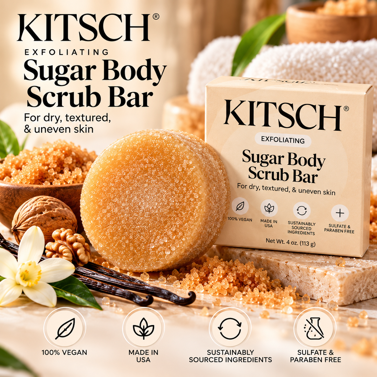 Kitsch Exfoliating Sugar Body Scrub Bar – Brown Sugar & Vanilla