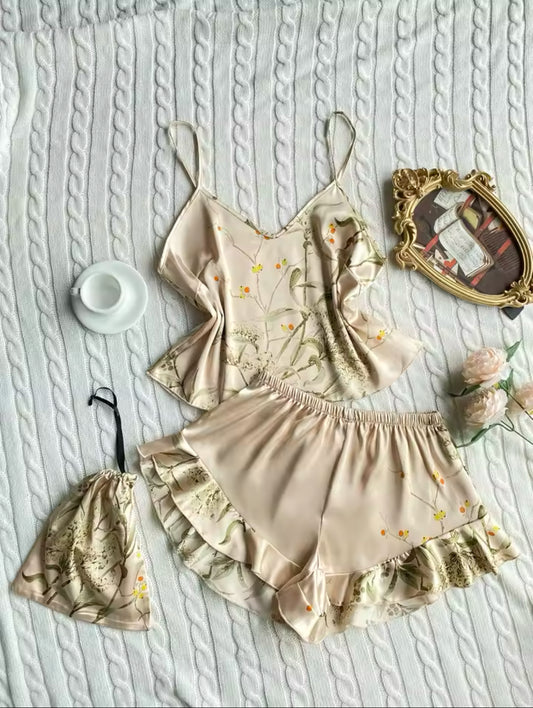Elegant Floral Cami Pajama Set for Women – Ruffle Hem Shorts & Stylish Sleepwear for Comfortable Loungewear