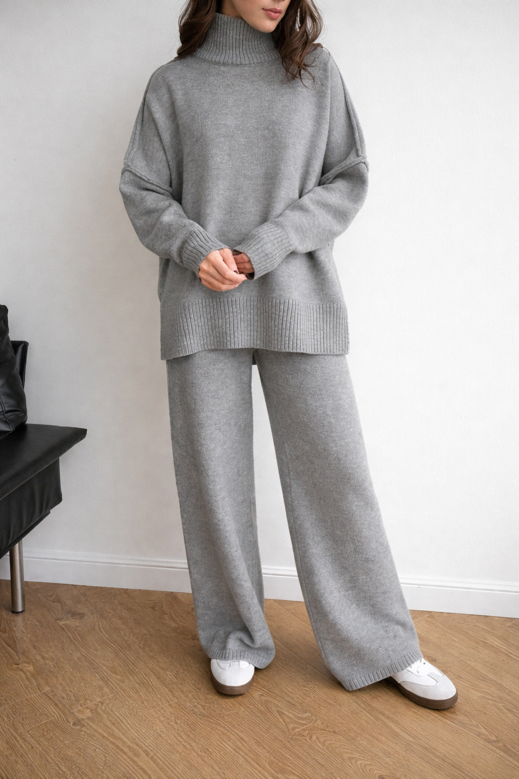 Women’s High Collar Knit Lounge Set – Cozy Autumn Winter Two Piece Outfit - UltraChic