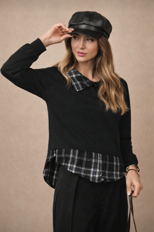 Women’s Contrast Tartan Trim Sweatshirt – Fall Winter Casual Chic Top